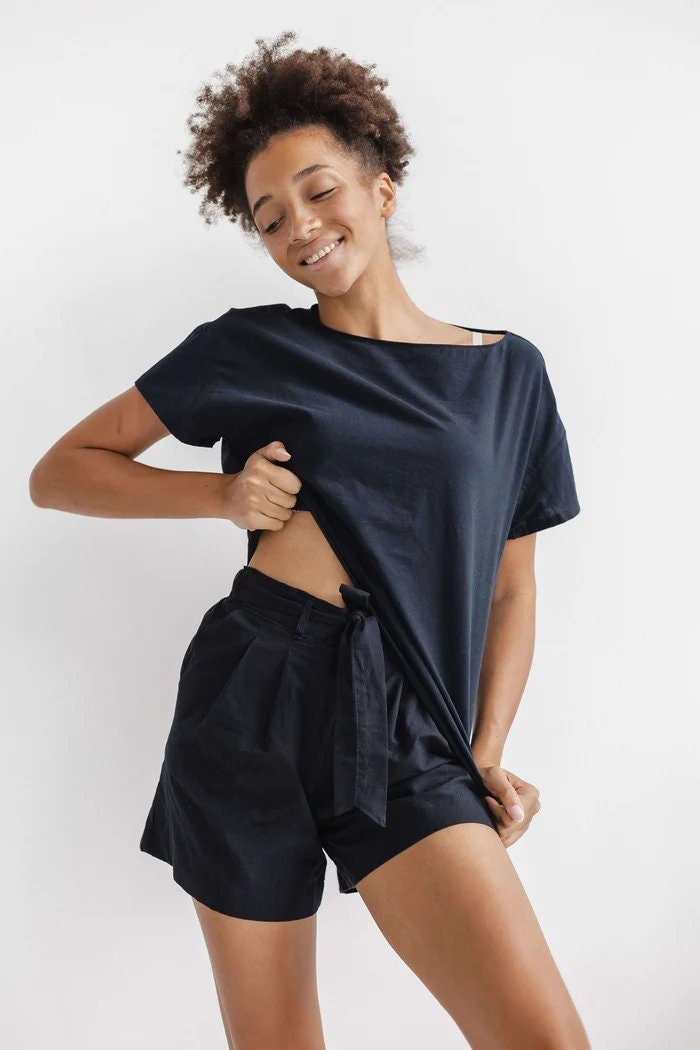 Premium Cotton Sleepwear For Women, Comfortable Cotton Black Pajama Set, Shorts & Shirt Set, Cozy Sleepwear, Lounge Pajama Set, Gift For Her